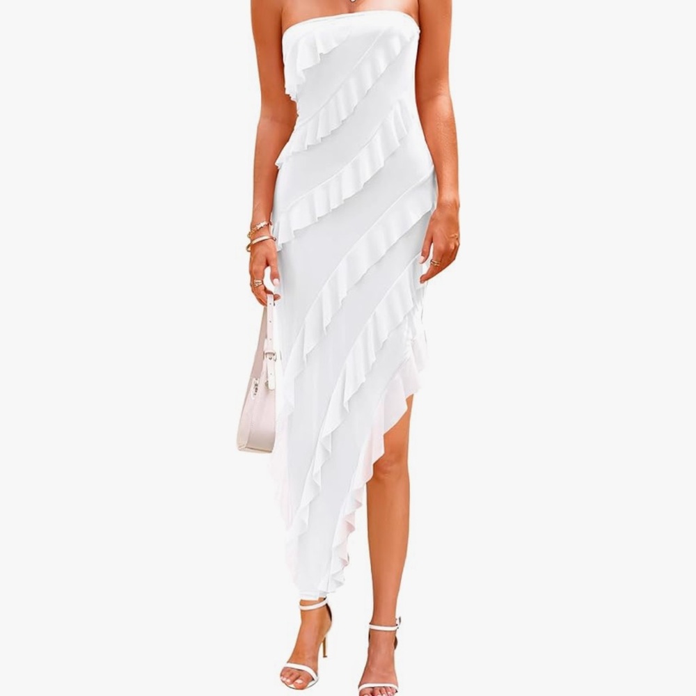 Formal Cocktail Dress Strapless Tube Asymmetrical Ruffle Maxi Bodycon - Picture 2 of 8